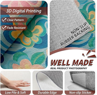 4x6 Rug Washable - Floral Rug for Bedroom, Modern Artistic Flower Non Slip Low Pile Area Rugs for Living Room Laundry, Floral Carpet Room Decor & Gifts