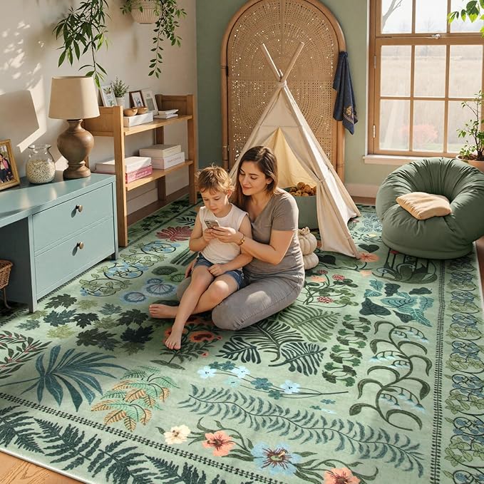 Boho Green Washable 8x10 Area Rug for Living Room, Floral Large Rugs for Bedroom Aesthetic, Non Slip Botanical Soft Indoor Throw Carpet for Dining Room Home Office Playroom (Green,8 x 10)