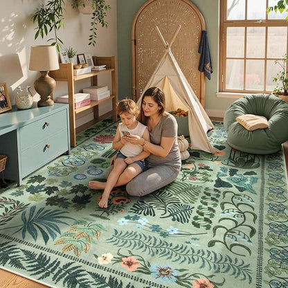 Boho Green Washable 8x10 Area Rug for Living Room, Floral Large Rugs for Bedroom Aesthetic, Non Slip Botanical Soft Indoor Throw Carpet for Dining Room Home Office Playroom (Green,8 x 10)