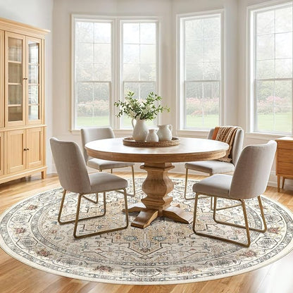Round Rug Living Room Rugs: 8Ft Washable Boho Neutral Large Circle Soft Indoor Floral Stain Resistant Floor Farmhouse Carpet for Bedroom Nursery Kids Playroom Office Dining Room Dorm Home- Cream Blue