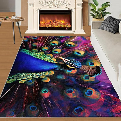 Peacock Rugs for Bedroom - 3x5 Area Rug - Watercolor Peacock Rugs for Living Room, Abstract 3D Animal Rug, Non-Slip Washable Home Decor Carpet