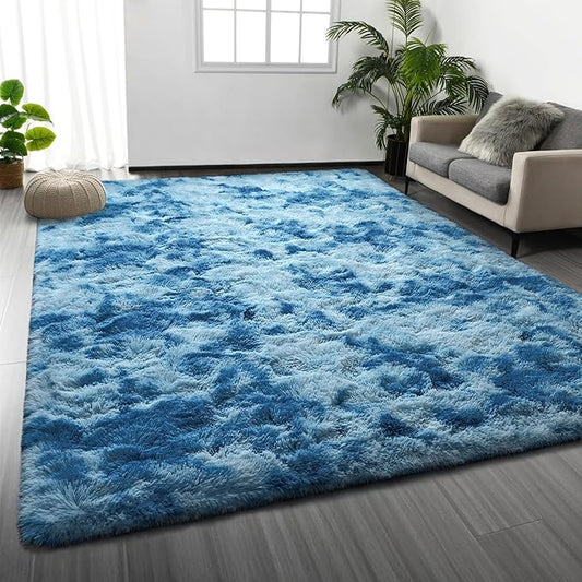 Large Shag Area Rugs 8 x 10, Tie-Dyed Plush Fuzzy Rugs for Living Room, Ultra Soft Fluffy Furry Rug for Bedroom, Indoor Carpet Nursery Rugs for Kids Room Home Decor,Bright Blue