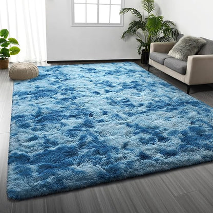 Shag Area Rug, 4 X 6 Tie-Dyed Plush Fuzzy Rugs for Living Room, Ultra Soft Fluffy Furry Rug for Bedroom, Indoor Carpet Nursery Rugs for Kids Room Home Decor, Bright Blue