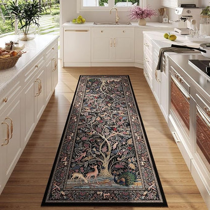 Rugcomf Runner Rug 2x6 Vibrant Tree of Life-Patterned Vintage Kitchen Rugs Non Slip Washable Soft Carpet Runner for Laundry Bedroom Bathroom, Black