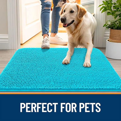 OLANLY Dog Door Mat for Muddy Paws 30x20, Absorbs Moisture and Dirt, Absorbent Non-Slip Washable Doormat, Quick Dry Chenille Mud Mat for Dogs, Entry Indoor Entryway Carpet for Inside Floor, Aqua Blue