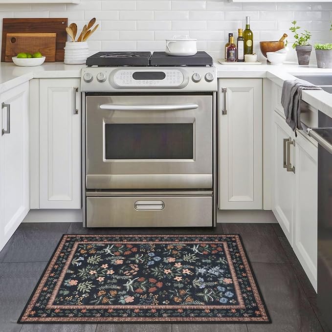 Boho Entryway Rug 2x3 Washable, Black Navy Floral Kitchen Rug, Super Thin Faux Wool Small Area Rug, Non-Slip Soft Carpet for Foyer, Bedroom, Office