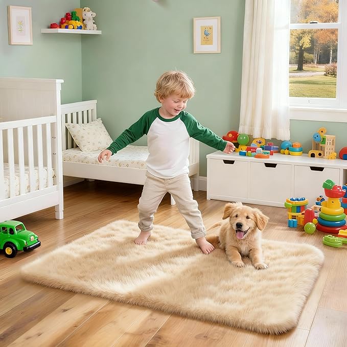 2x3 Solid Fluffy Camel Area Rug – Washable, Durable,Small Bedroom Rug, Non-Slip High Pile Shag Rugs for Living Room, Bedroom, Bedside, Dorms, Nursery Rooms, Kids Room, Soft Indoor Floor Carpet