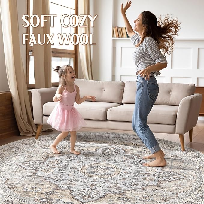 Round Rug Living Room Rugs: 5Ft Washable Boho Neutral Large Circle Soft Indoor Distressed Stain Resistant Floor Farmhouse Carpet for Bedroom Nursery Kids Playroom Office Dining Room Dorm- Cream Gray