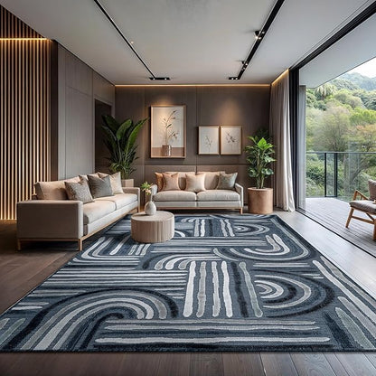 CAMILSON Indoor Outdoor Rug, Navy Blue 10x14 Geometric Arch Striped Large Area Rugs for Patio and Home Areas, Easy-Cleaning Non-Shedding Living Room, Garden and Deck Washable Outside Carpet 10 x 14