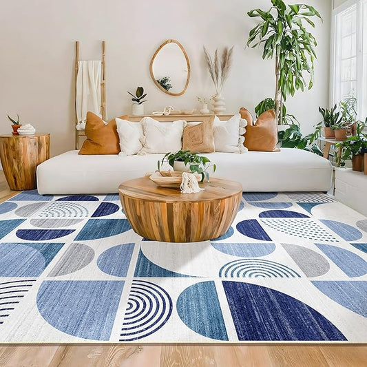 MUJOO Washable Rugs 9x12,Blue Large Area Rugs for Living Room Bedroom Dining Room,Boho Throw Floor Carpet Non Slip Soft Modern Abstract Navy Blue