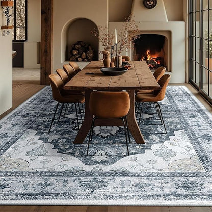 Area Rugs 10'x12' Washable Non-Slip, Floral Vintage Distress Print Pattern Medallion Carpet for Living Room Bedroom Dining Room, Light Gray Grey White