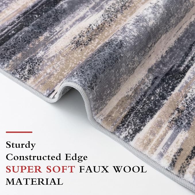 Modern Abstract Runner Rug 2.6x16, Grey Black Multi Washable Long Kitchen Runner Non-Slip Soft Hallway Rug Runner Thin Print Faux Wool Carpet for Entryway Bedroom Laundry Room Indoor Home Decor
