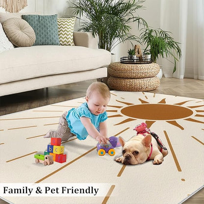 Boho Sun Area Rugs 6x9ft, Radiant Sunburst Fluffie Rugs for Living Room, Geometric Solar Nursery Rug with Under Rug Non Slip Tape for Bedroom Kids Room