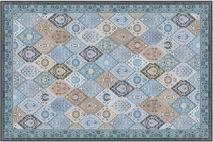Phantoscope Washable Area Rug 6'x9' Non-Slip, Vintage Boho Rugs for Living Room, Bedroom, Dining Room, Distressed Moroccan Mosaic Diamond Pattern, Low-Pile Foldable Floor Carpet, Blue Teal/Neutral
