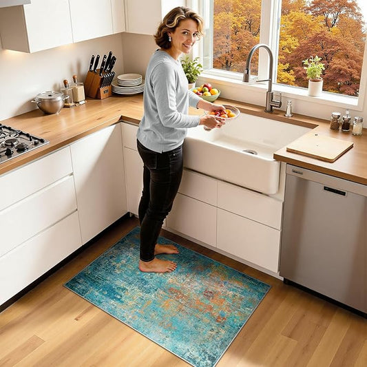 Washable Area Rugs 2'x3' Non-Slip Modern Abstract Soft for Living Room Entryway Bedroom Nursery, Print Pattern, Teal Blue Green Orange Rust Red Coloreful