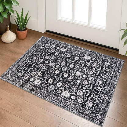 Vintage Entryway Rug 2x3 Washable, Black and White Kitchen Rug, Super Soft Thin Faux Wool Small Area Rug, Non-Slip Accent Mat for Foyer, Bedroom, Office