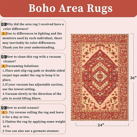 SERISSA Boho Rugs for Entryway, 2x3 Washable Non-Slip Entryway Rug Small Area Rug, Ultra Soft Oriental Vintage Red Beige Low-Pile Indoor Door Mat Floor Carpet for Entrance Bedroom Kitchen Bathroom