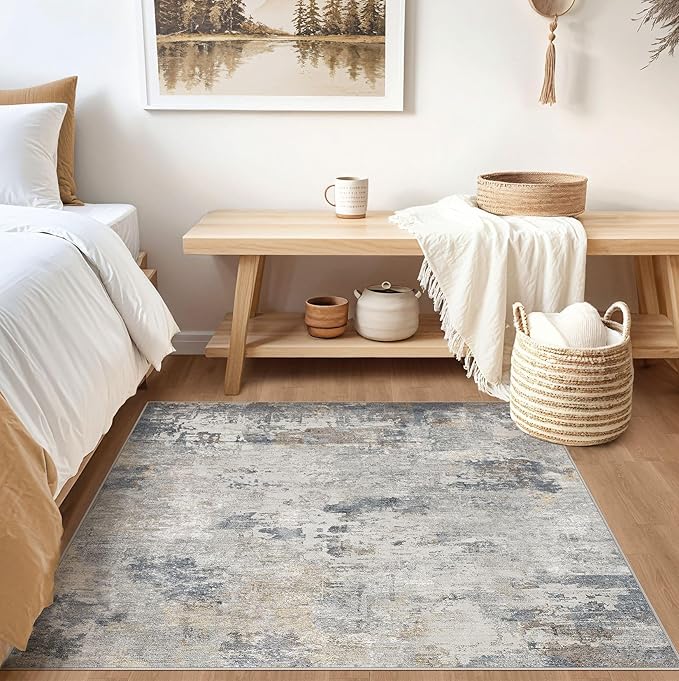 Square Area Rugs : Washable 5x5 Neutral Modern Abstract Carpet for Living Room Bedroom - Soft Floor Mat with Non Slip Backing for Kitchen Nursery Dorms Farmhouse Home Decor - Blue Grey