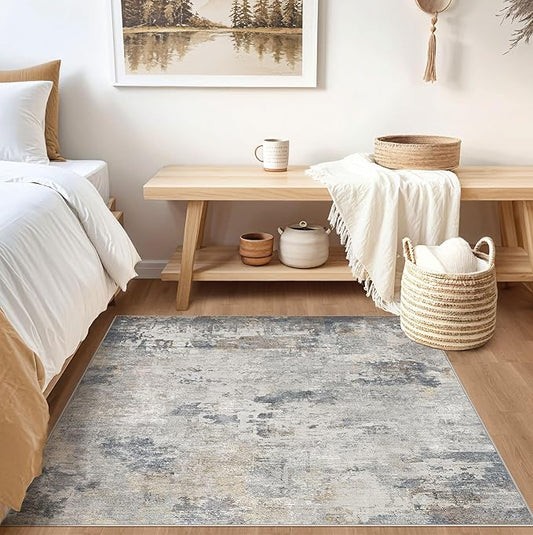 Square Area Rugs : Washable 5x5 Neutral Modern Abstract Carpet for Living Room Bedroom - Soft Floor Mat with Non Slip Backing for Kitchen Nursery Dorms Farmhouse Home Decor - Blue Grey