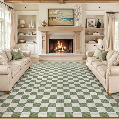 LIVEBOX 9x12 Area Rugs for Living Room, Checkered Non-Slip Washable Rugs, Farmhouse Neutral Classic Geometric Large Boys Area Rug for Bedroom, Carpet for Living Dining Room Office(Sage Green,9'x12')
