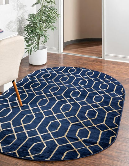 Unique Loom Glam Collection Area Rug - Trellis (4' x 6' Oval, Navy Blue Gold/ Gold)