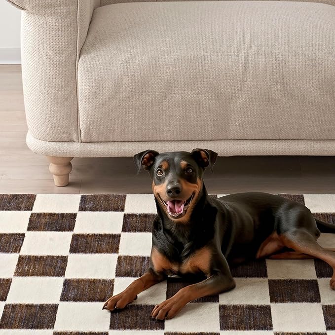 EVERGRACE Checkered Plaid Area Rug 4x6, Soft Fuzzy Faux Wool Rugs Washable Anti Slip Rugs Large Rug Carpet for Entryway Bedroom Living Room Hallway Kitchen Dining Room and Laundry Room, Dark Brown