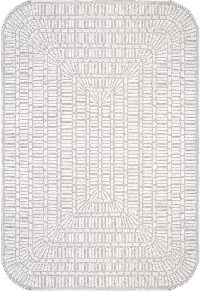 Beverly Rug Modern Geometric Area Rug 8x10 Low-High Pile Durable Soft Abstract Grid Indoor Rugs for Living Dining Room Office Stain Resistant Non Shedding Casual Indoor Carpet Beige White 8 x 10