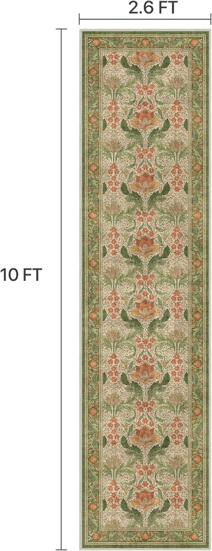 Bavni 2'6''x10 Runner Rug,Microfiber Washable Non-Slip Vintage Floral Rugs,Low Pile Lightweight Carpet for Bedroom,Hallway,Entryway,Kitchen,Bathroom, Sage Green & Burnt Orange