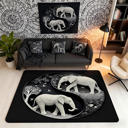 Elephant Area Rug 3x5 Bohemian Style Rugs for Living Room | Antique Decor Yin and Yang Washable Rug, Western Animals Carpet Indoor Floor Mat,Black Grey Beige