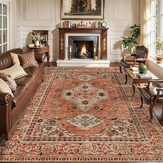 Tangsoo Boho 9X 12 Area Rug for Living Room, Washable Vintage Rug Indoor Non Slip Large Area Rugs, Print Oriental Carpet Soft Low Pile Foldable Floor Room Rug for Bedroom Dining Room Terracotta