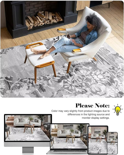 Washable Abstract Rug, 9x12 Classic Grey and White Floral Area Rugs with Non-Slip Rubber Backed for Living Room, Low Pile Modern Throw Carpet Bedroom Dining Room Decor
