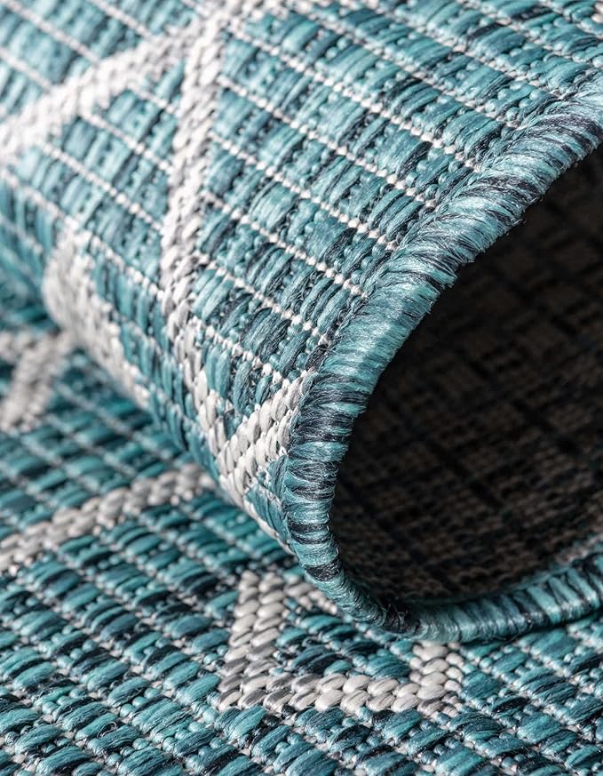 Unique Loom Outdoor Trellis Collection Area Rug - Tribal Trellis (10' 8" Square, Teal/ Ivory)