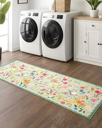 Boho Floral Runner Rug 2x6, Washable Non-Slip Kitchen Rug, Ultra Soft Vintage Carpet for Hallways, Kitchen, Bedroom, Bathroom (Green)