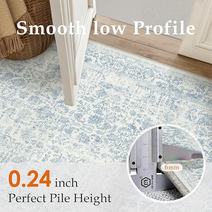 Blue Entryway Area Rug 2x3 Door Mat Machine Washable Kitchen Vintage Distressed Non Slip Carpet Indoor Retro Floral Accent Throw Small Rug for Bathroom Office Bedroom Dining Room
