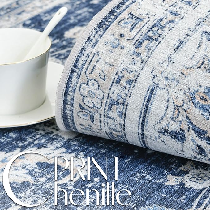 jinchan Fiora Long Hallway Runner Rug 2x12 Machine Washable Runner Rug Dark Blue Vintage Floral Design Non-Slip Ultra-Thin for Kitchen Laundry Room Bedroom Farmhouse (2‘x12', Dark Blue)