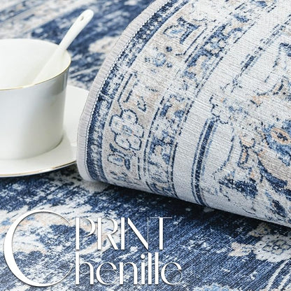 jinchan Fiora Long Hallway Runner Rug 2x12 Machine Washable Runner Rug Dark Blue Vintage Floral Design Non-Slip Ultra-Thin for Kitchen Laundry Room Bedroom Farmhouse (2‘x12', Dark Blue)