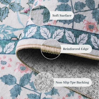 5x7 Area Rugs Living Room Rug - Floral Vintage Morris-Inspired Washable Carpet, Low Pile Non-Shedding Stain Resistance Boho Soft Carpet for Bedroom, Dining Room, Office, Farmhouse (5'x7' Blue/Pink)