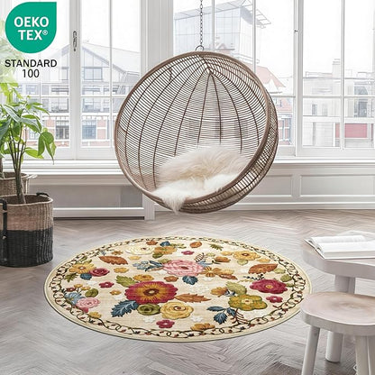 4ft Round Machine Washable Area Rug for Living Room, Beige Vintage Boho Floral Rug Large Non-Slip Low Pile Soft Faux Wool Carpet, Kids and Pets Friendly for Bedroom Nursery Farmhouse Home Decor Rug