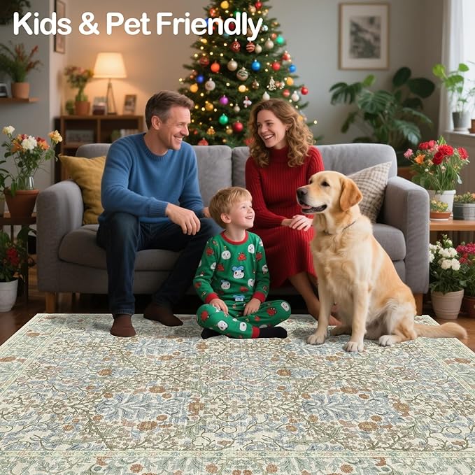 4x6 Area Rug for Bedroom Beside Rug, Laundry Room, Entryway, Kitchen, Washable Non-Slip Low Pile Ultra Soft Stain Resistant Carpet (Beige Blue)