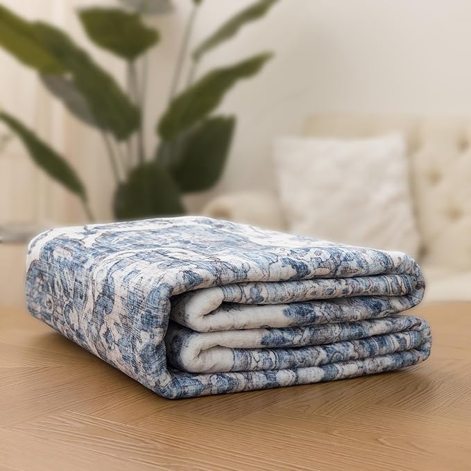 ReaLife Rugs Machine Washable Area Rug Runner - Living Room Bedroom Bathroom Kitchen Entryway Office - Padded Low Pile Stain Resistant Premium - Boho Farmhouse Vintage - Joy - Blue Ivory 2'6" x 6'