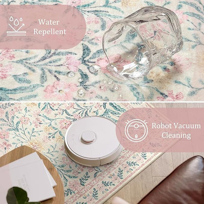 Morebes 6x9 Area Rugs for Living Room Non Slip, Washable Light Pink Rugs for Bedroom Girls Floral Print, Soft Low-Pile Boho Indoor Carpet for Nursery Kids Room Home Decor, Pink/Green