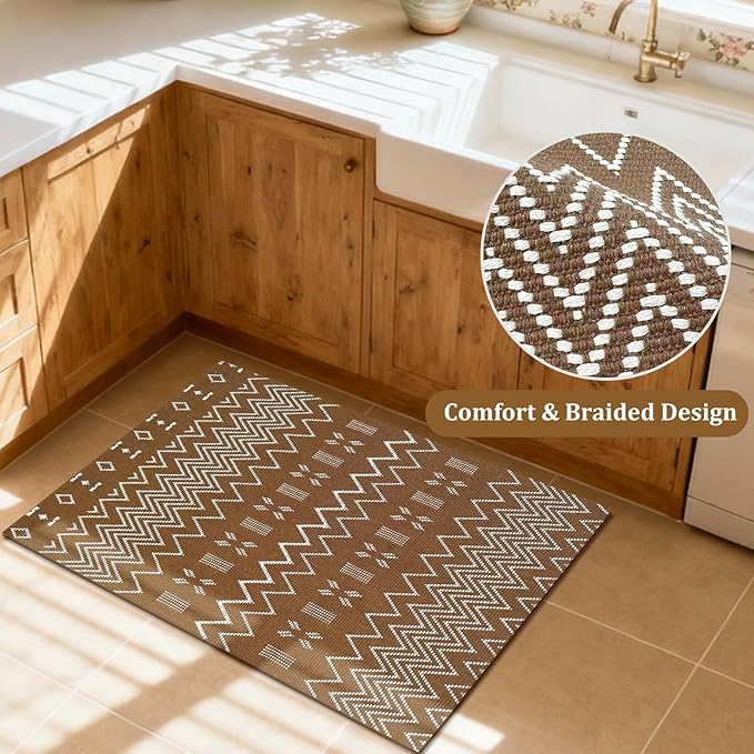 Indoor Door Mat 2x3 Washable Rug,Braided Area Rug,Front Door Mat with Non Slip Rubber Backed,Cotton Doormat for Front Entryway Bathroom Kitchen Bedroom,Brown/White