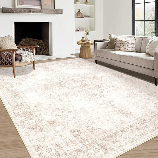Vintage Living Room Area Rug - 5x7 Large Machine Washable Boho Moroccan Rug Distressed Farmhouse Rugs for Bedroom - Soft Non-Slip Indoor Carpet for Dining Room Office Nursery(Retro Beige, 5'x7')