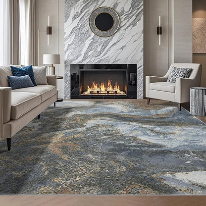 Modern Washable Rug for Living Room: Abstract 9x12 Area Rugs for Bedroom Low Pile Non Slip - Stain Resistant Carpet for Dining Room Indoor - Grey Gold