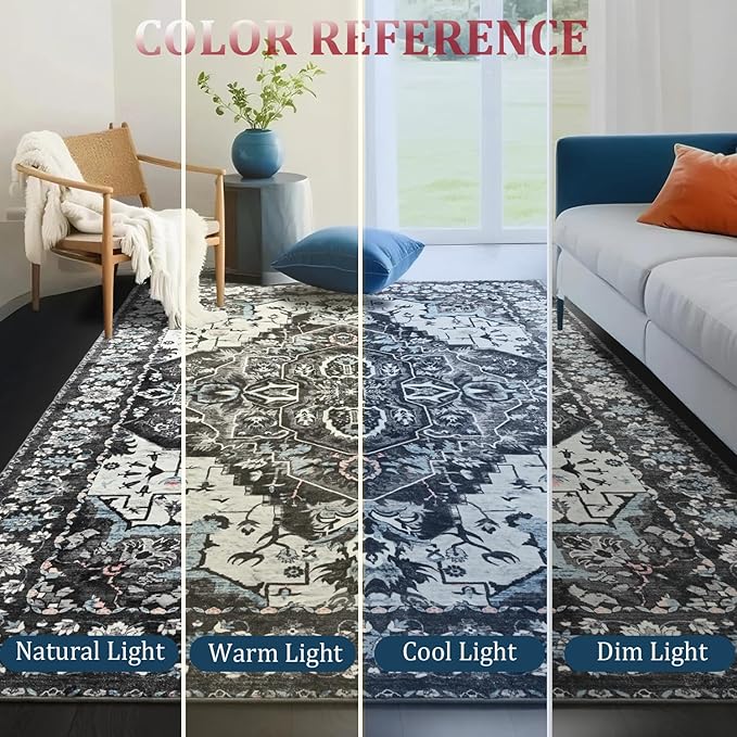 Large Area Rugs 9x12 for Living Room, Bedroom, Washable Vintage Rugs -Low Pile Distressed Rugs for Kitchen, Dining Room, Water Repellent & Non Shedding, Black and Blue
