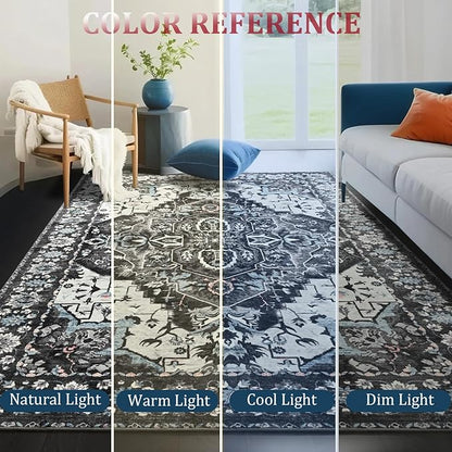 Large Area Rugs 9x12 for Living Room, Bedroom, Washable Vintage Rugs -Low Pile Distressed Rugs for Kitchen, Dining Room, Water Repellent & Non Shedding, Black and Blue