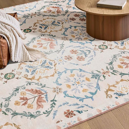 Phantoscope Washable Area Rug 6'x9' Non-Slip, Vintage Floral Boho Rugs for Living Room, Bedroom, DiningRoom, Soft Botanical Moroccan Pattern, Low-Pile Foldable Floor Carpet, Ivory Pink/Boho Garden