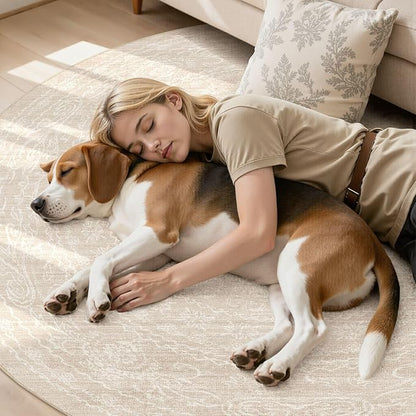6ft Round Rug Living Room: Washable Large Vintage Neutral Area Rug Non-Slip Soft Stain Resistant Indoor Carpet for Bedroom Nursery Dining Room Under Table Bed Home House Office Playroom - Beige