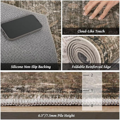 Washable 4x6 Rugs for Living Room, Boho Non-Slip Vintage Distress Small Rugs for Bedroom Nursery Office, 0.3" Neutral Oriental Throw Thin Carpet with Cushioning Pad, Rust/Multi