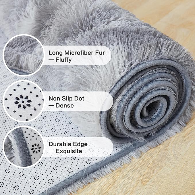 Andency 8x10 Area Rugs for Living Room, Upgrade Non-Slip Fluffy Soft Large Shag Bedroom Carpet, Tie-Dyed Light Grey Big Indoor Thick Nursery Rug for Kids Dorm Home Decor Aesthetic